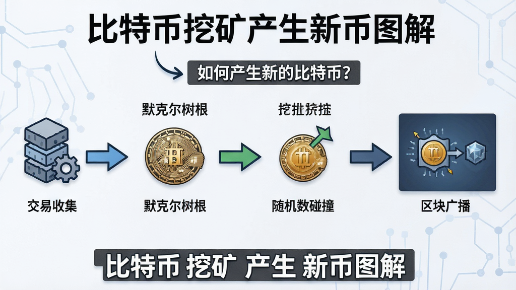 2026比特币挖矿全流程示意图,核心讲解“如何产生新的比特币?”,从交易收集、默克尔树根、随机数碰撞到区块广播,并标注“比特币挖矿产生新币图解”