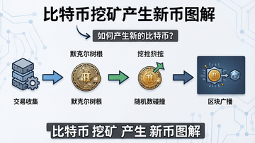 2026比特币挖矿全流程示意图,核心讲解“如何产生新的比特币?”,从交易收集、默克尔树根、随机数碰撞到区块广播,并标注“比特币挖矿产生新币图解”