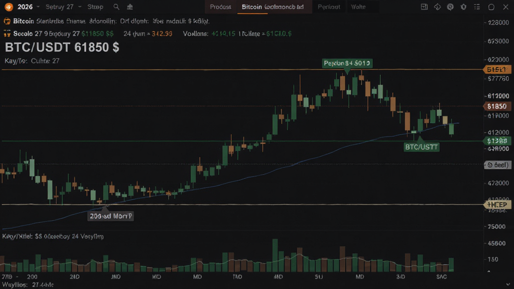 2026年9月27日比特币实时价格行情看盘软件界面截图,显示BTC/USDT报价61850美元,附带24小时涨跌幅与成交量,图中标注关键支撑与压力位,画面带有数字货币交易软件典型K线图布局