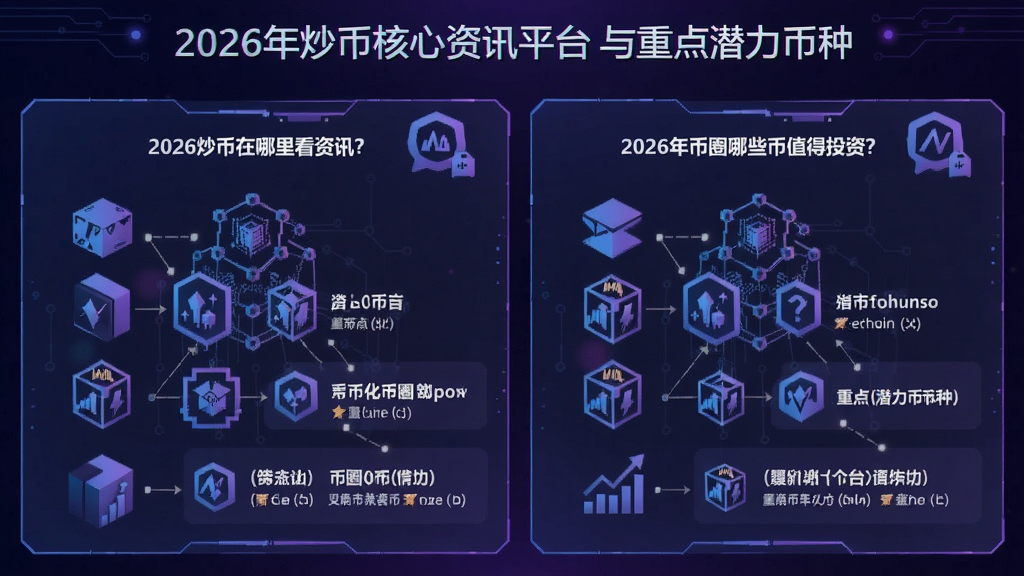 一张清晰的信息图表,展示2026年炒币核心资讯平台与重点潜力币种,整体色调科技蓝紫,,炒币在哪里看资讯?2026年币圈哪些币值得投资?