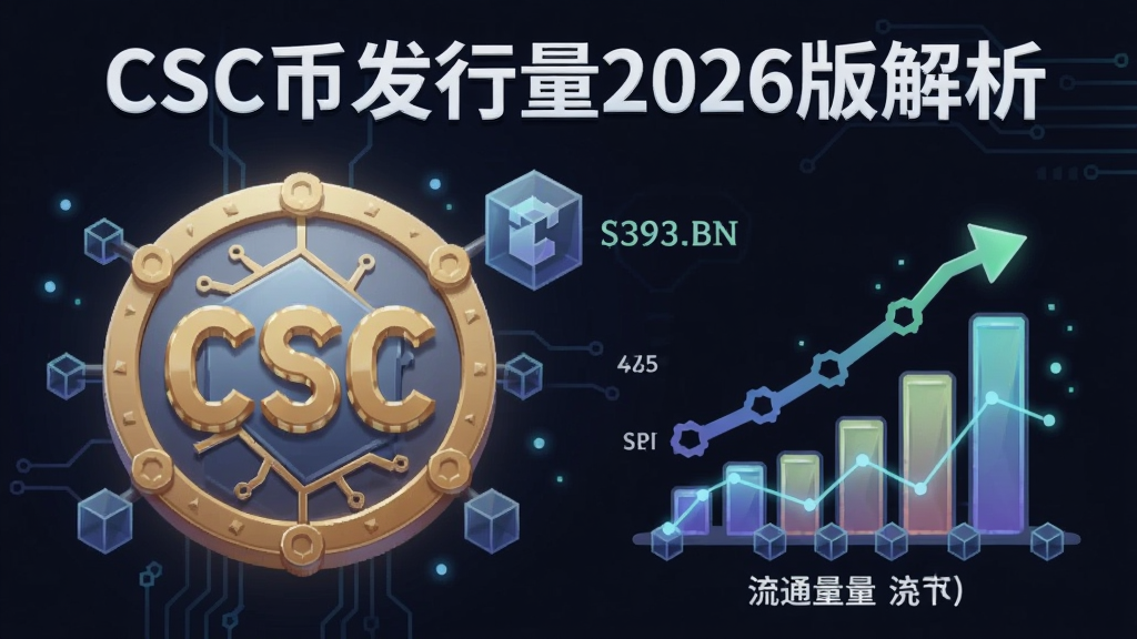 一张展示CSC币发行量具体数值和流通情况的币圈概念图,标题写着“CSC币发行量2026版解析”,包含代币符号CSC和区块链元素