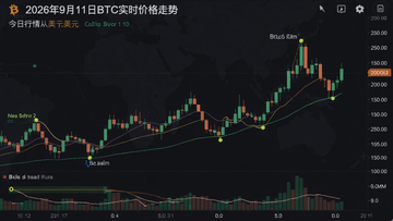 包含文字标注“2026年9月11日BTC实时价格走势”的比特币今日行情价格美元K线图,带有成交量异动标记的财经数据看板