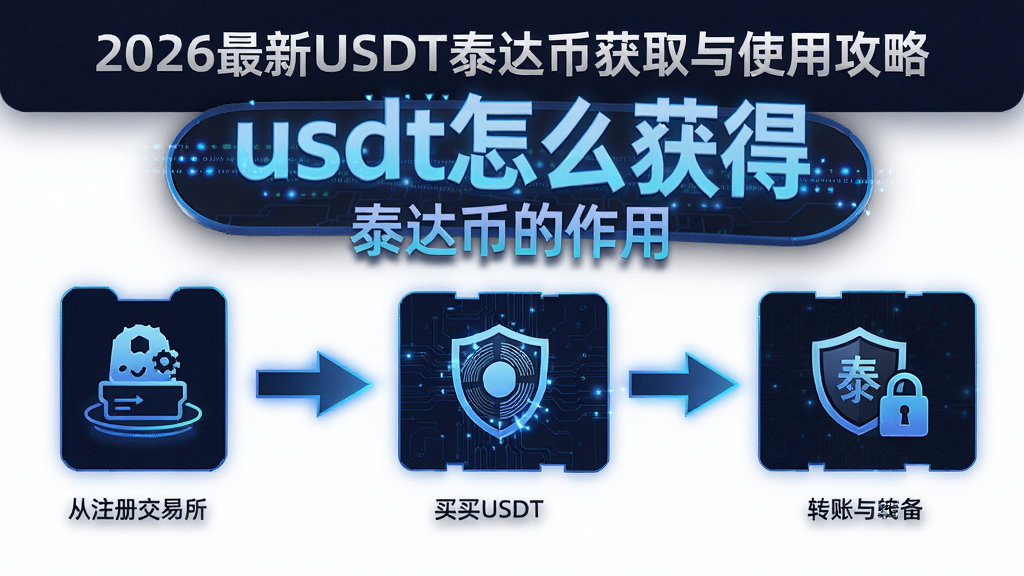 一张充满科技感的教程长图,展示从注册交易所到买入USDT再到转账的全流程,突出关键词“usdt怎么获得”和“泰达币的作用”,图上标注“2026最新USDT泰达币获取与使用攻略”