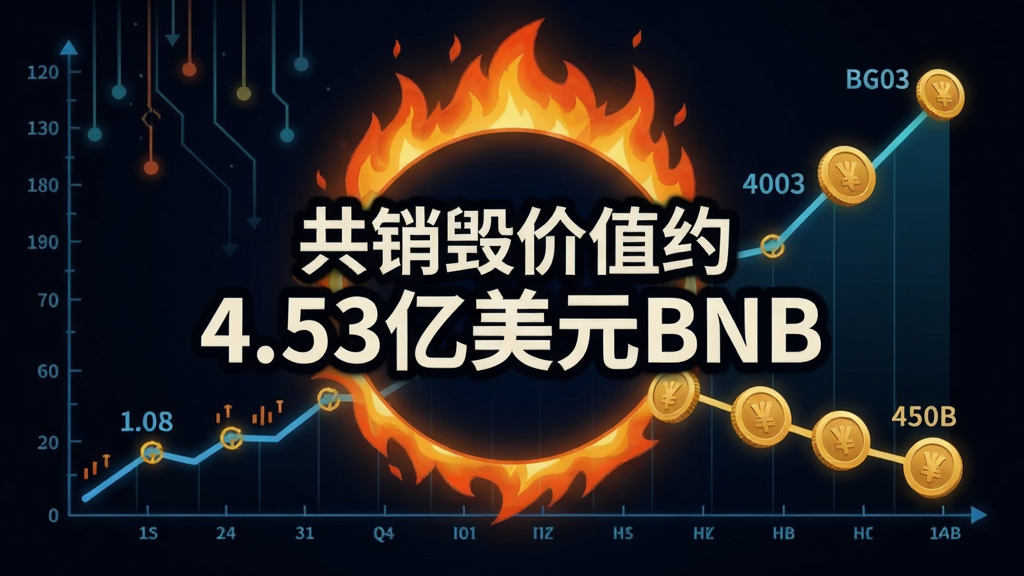 展示币安BNB销毁通缩机制的主题图表,图表中心写着“共销毁价值约4.53亿美元BNB”加粗字样,周围环绕燃烧火焰和减少的代币数量趋势线