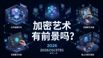 2026加密艺术未来前景趋势图解,核心关键词加密艺术有前景吗,画面展示区块链艺术生态的未来蓝图,包含元宇宙展厅、艺术家使用数字工具创作以及链上交易场景,图中用醒目的字体标注