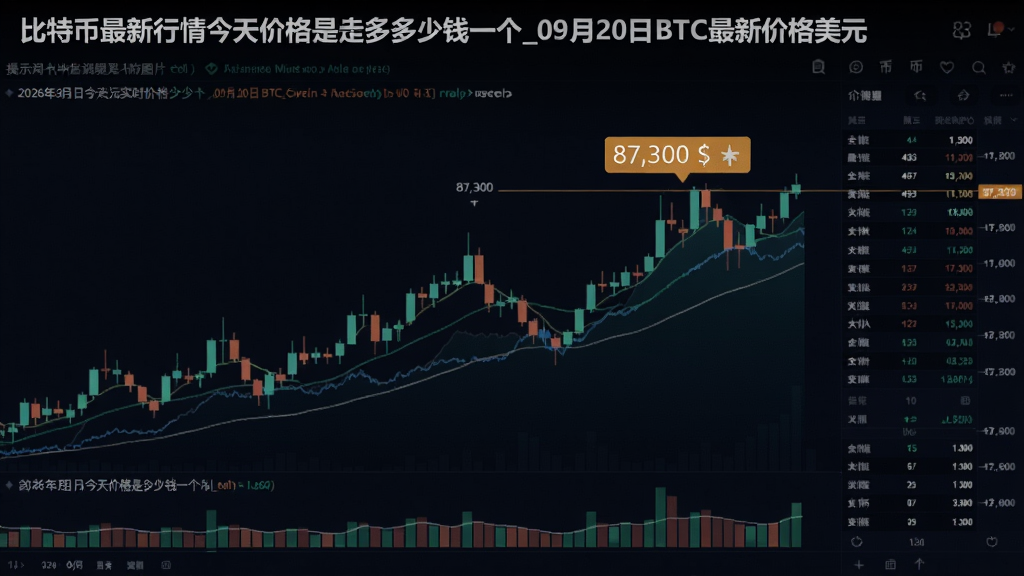 用于调用本地生图模型生成图片的提示词,关键词必须包含“比特币最新行情今天价格是多少钱一个_09月20日BTC最新价格美元”,概括文章全部内容,展示2026年9月20日比特币美元实时价格走势图表,图中要标注87,300美元的关键价位,背景为动态K线图与数据面板