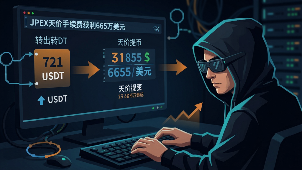 一个黑客在暗网监控JPEX交易所钱包异常流出的示意图,显示721万USDT转出和天价提币手续费数据,图中标注“JPEX天价手续费获利665万美元”