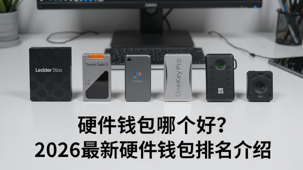 2026年十大硬件钱包实物摆拍对比图,核心关键词“硬件钱包哪个好? 2026最新硬件钱包排名介绍”,图中包含多种主流硬件钱包如Ledger Stax、Trezor Safe 5、OneKey Pro等并排展示,背景为简洁的桌面
