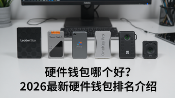 2026年十大硬件钱包实物摆拍对比图,核心关键词“硬件钱包哪个好? 2026最新硬件钱包排名介绍”,图中包含多种主流硬件钱包如Ledger Stax、Trezor Safe 5、OneKey Pro等并排展示,背景为简洁的桌面