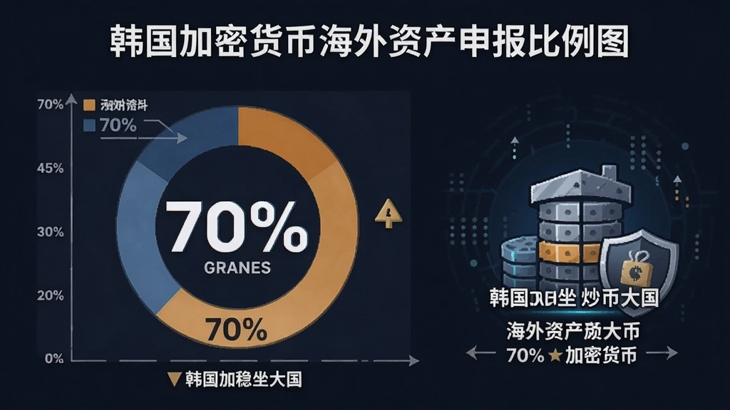 韩国加密货币海外资产申报比例图,图中显示70%字样,韩国稳坐炒币大国,海外资产70%是加密货币