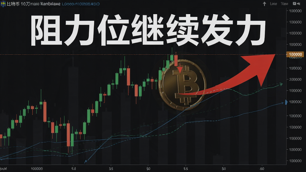 比特币10万美元阻力位继续发力示意图,K线多次冲击100000美元大关,显示“阻力位继续发力”字样,箭头标注突破方向