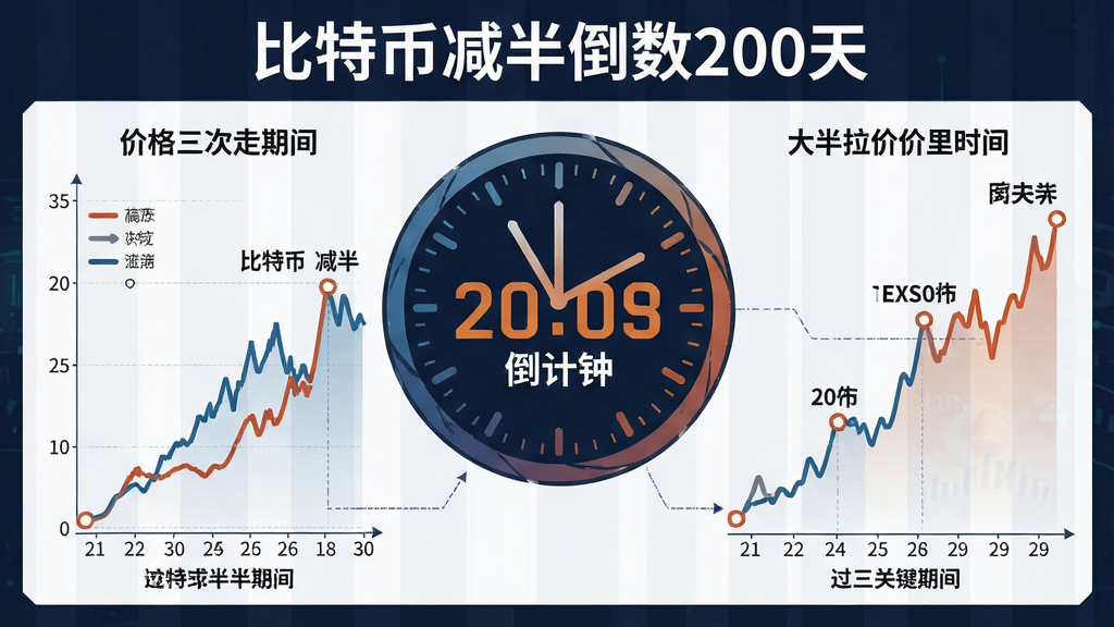 一张信息图展示“比特币减半倒数200天”的倒计时钟表,并对比过去三次减半期间价格走势的曲线与关键节点,核心关键字“比特币减半倒数200天”