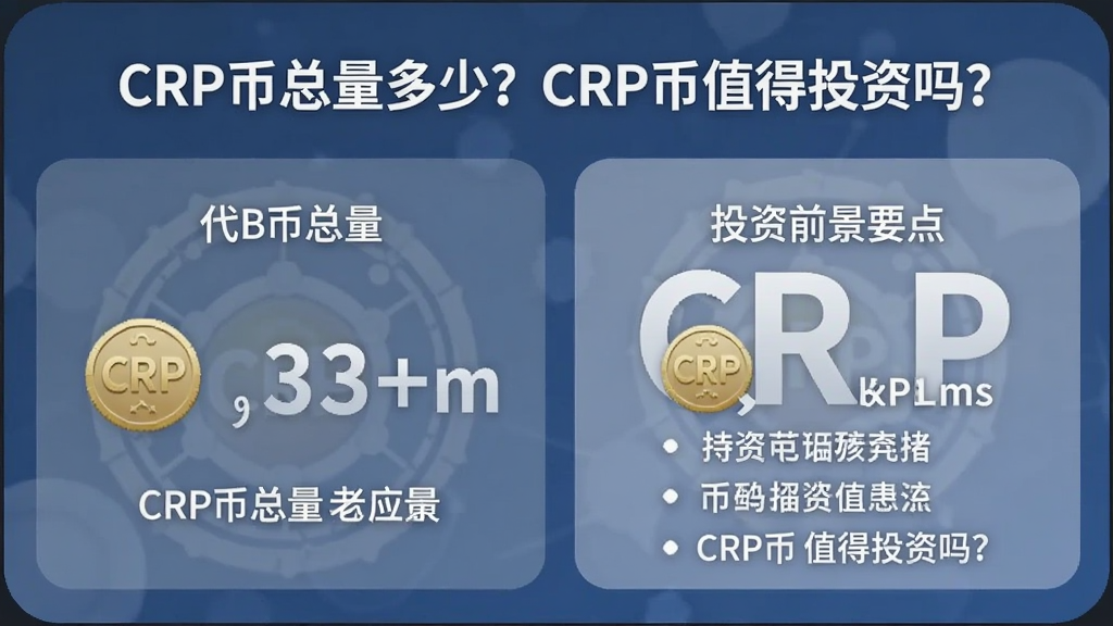 一张展示CRP币总量多少?及CRP币值得投资吗?核心信息的数字卡片图,画面包含代币总量数据与投资前景要点,文字部分用“CRP币总量多少?CRP币值得投资吗?”注明