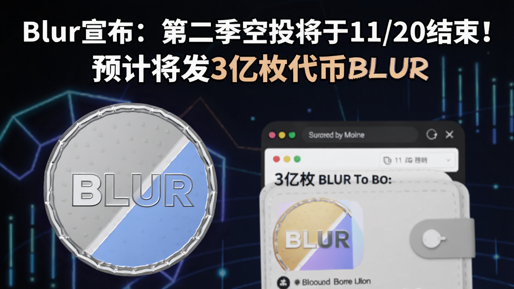 一张包含Blur第二季空投倒计时、3亿枚BLUR代币发放的概念图,前景有BLUR代币图标和钱包界面,配文用醒目的字体注明“Blur宣布:第二季空投将于11/20结束!预计将发3亿枚代币BLUR”