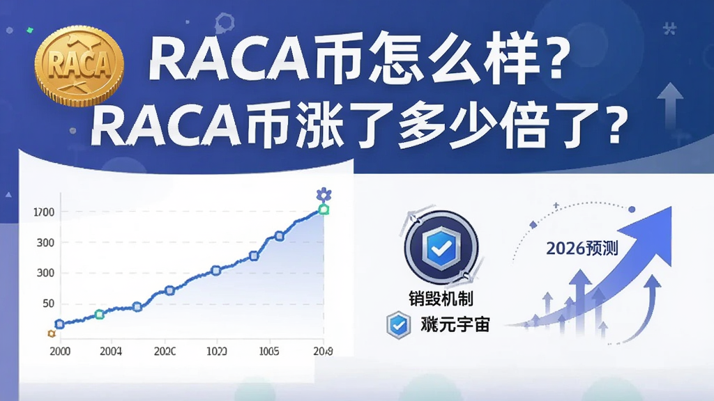 一幅展示RACA代币历史走势、链游生态亮点与未来预测的综合信息图,核心关键词“RACA币怎么样?RACA币涨了多少倍了?”,画面包含价格曲线、动物园元宇宙、销毁机制图标和2026预测箭头,整体设计简洁,适合配文章开头