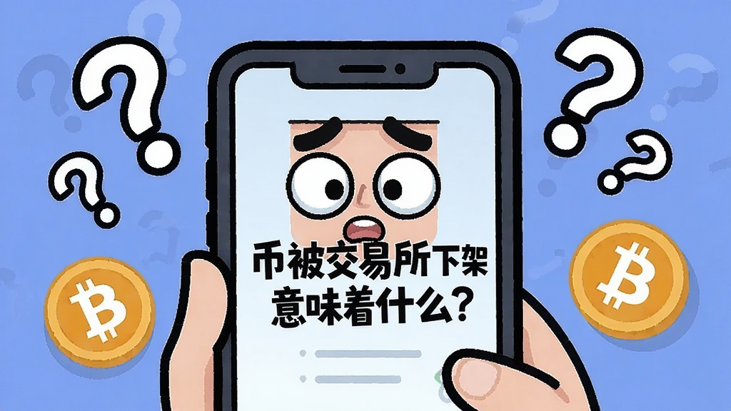 一张插画表现用户看到交易所下架公告时震惊的场景,画面中有手机屏幕显示“币被交易所下架意味着什么?”字样,周围有问号和比特币图标