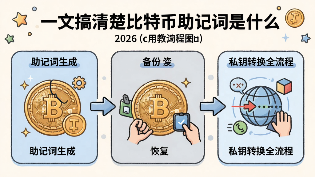 比特币助记词2026使用教程图解,包含助记词生成、备份、恢复及私钥转换全流程,插画风格,“一文搞清楚比特币助记词是什么”