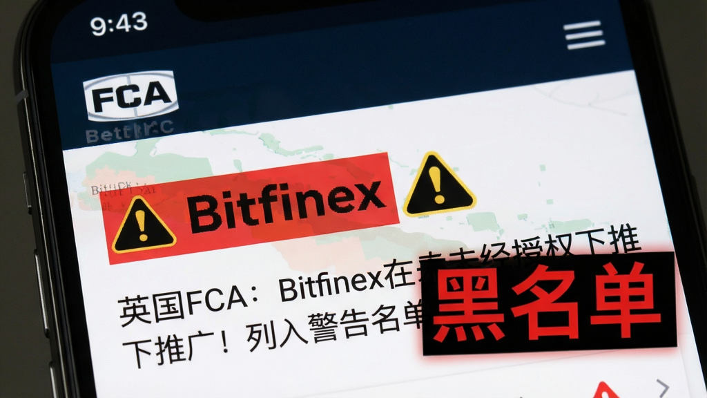 һ���ֻ���Ļ��ʾFCA��������ҳ�棬ҳ����Bitfinex���ֱ���ɫ������ע���Ա��о�ʾ̾�ţ��ؼ��ʡ�Ӣ��FCA��Bitfinex��δ����Ȩ���ƹ㣡���뾯��������������ͻ�������桱�͡�������������