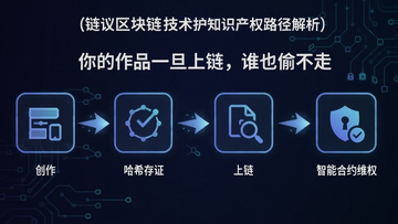链上知识产权协议是什么?区块链技术保护知识产权路径解析,用信息图展示作品从创作、哈希存证、上链到智能合约维权的全流程,包含文字“你的作品一旦上链,谁也偷不走”