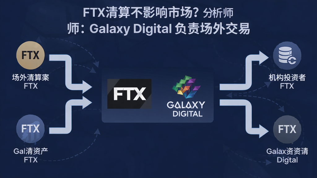 һ����Ϣͼ���ʾ��ͼ������������FTX��Galaxy Digital��logo�������ü�ͷ��ʾ���Ҵ�FTX�����ʲ�ͨ��Galaxy Digital�������Ͷ���ߵĳ��⽻��������ͼ�����ֱ�ע��FTX���㲻Ӱ���г�������ʦ��Galaxy Digital�����⽻�ס�������������ɫ���������