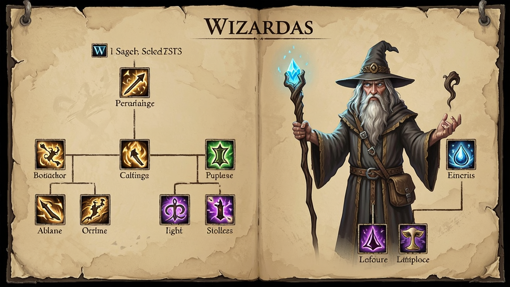 男巫Wizardas英文版技能树与法术效果展示图