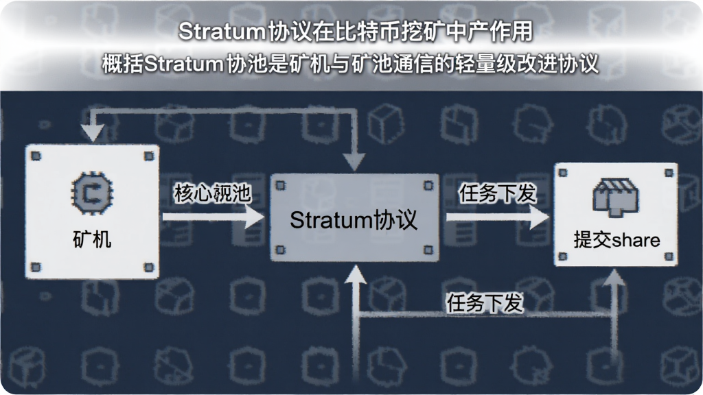 һ��ͼ����StratumЭ���ڱ��ر��ڿ��е�����,���Ĺؼ��ʡ�StratumЭ�顱������StratumЭ���ǿ������ͨ�ŵ��������Ľ�Э�飬ͼ�б�ע�������ء������·����ύshare������