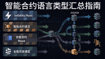 一幅示意图,左侧列Solidity/Rust/Move等智能合约语言图标,右侧是2026年公链生态的流向箭头,图上大字标注“智能合约语言类型汇总指南”