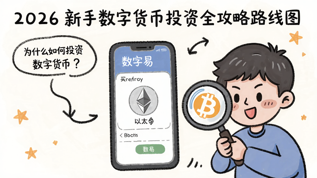 一幅手绘风格的插画,展示2026年新手数字货币投资全攻略路线图,从疑问“为什么选择数字货币?”到手机交易所买入界面,卡通人物手持放大镜查看比特币和以太坊,标注文字“小白如何投资数字货币”