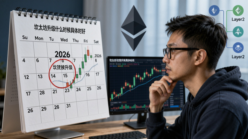 一位加密货币投资者盯着日历和K线图思考“坎昆升级什么时候布局好”,日历圈出2026年,背景有以太坊标志和Layer2生态链,关键词“以太坊坎昆升级具体时间”