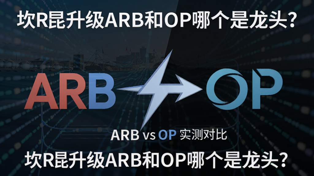 一幅对比图,左右分别是ARB和OP的Layer2网络标志,中间闪电箭头穿过,背景是坎昆升级后的数据流,关键词“坎昆升级ARB和OP哪个是龙头?”,图上可以标注文字“ARB vs OP 实测对比”