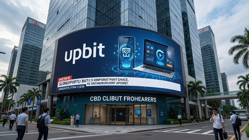 新加坡Upbit获得金融管理局初步许可,CBD商务区大屏展示新闻,未来科技感加密支付场景