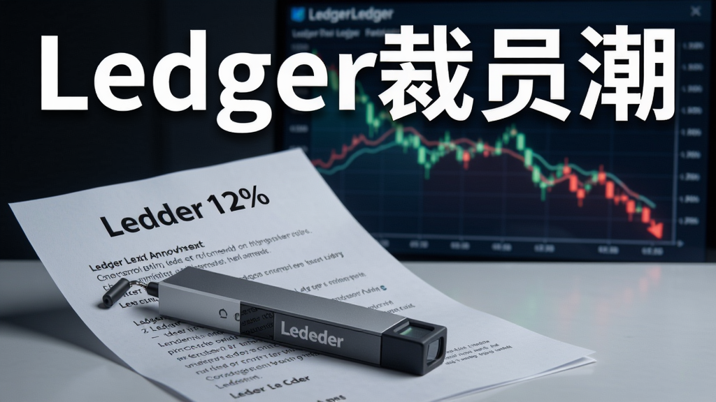冷钱包Ledger宣布裁员12%新闻图,Ledger Nano设备旁放着一份裁员公告文件,背景是加密货币市场下跌曲线,概括了硬体钱包厂商因行情遇冷而被迫缩减规模的处境,标题文字为“Ledger裁员潮”