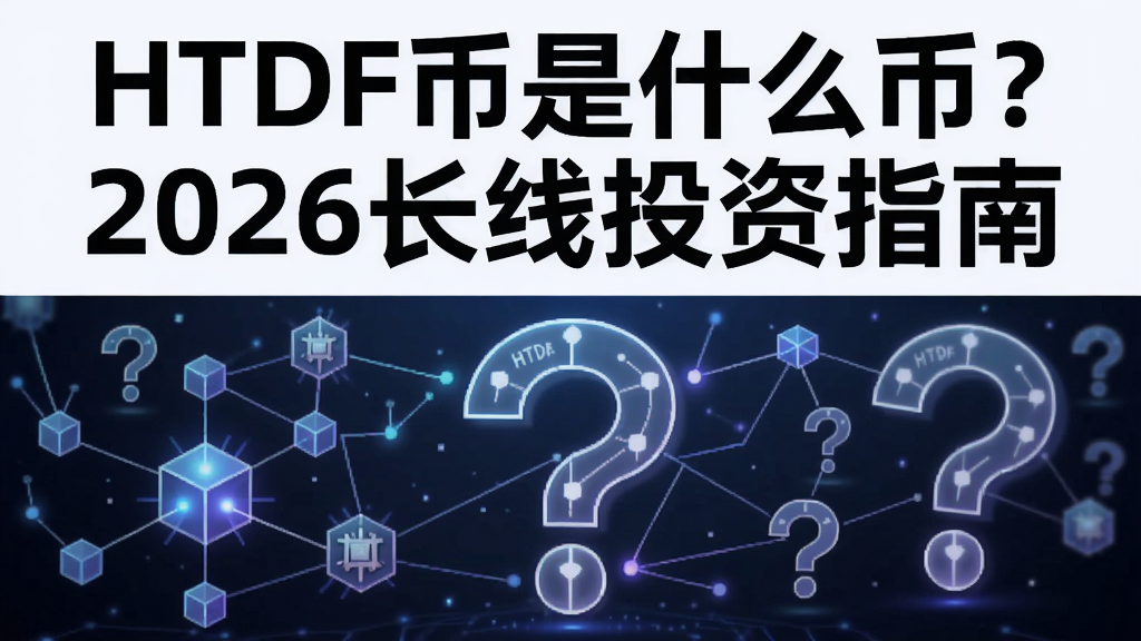 一张科普封面图,上方用粗体标注“HTDF币是什么币?2026长线投资指南”,背景融合区块链节点和问号元素,HTDF币是什么币,整篇文章全面介绍HTDF币的由来并分析是否值得长期投资