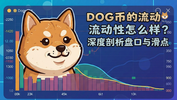 一张卡通风格的狗狗币流动性分析图,画面中一个柴犬表情出现在交易深度图表前,旁边写着“DOGE币的流动性怎么样?深度剖析盘口与滑点”,图表显示买卖挂单墙和深度曲线,色彩明亮,适合资讯配图