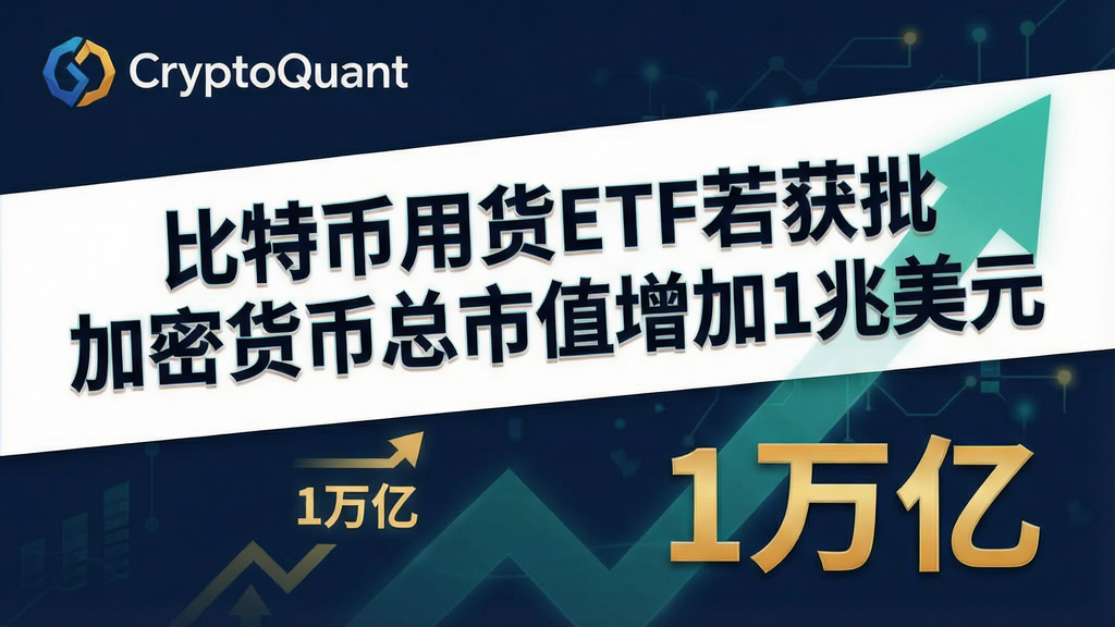 一张展示CryptoQuant研究报告封面的图,核心标题为“比特币现货ETF若获批 加密货币总市值增加1兆美元”,配以向上箭头和数字1万亿