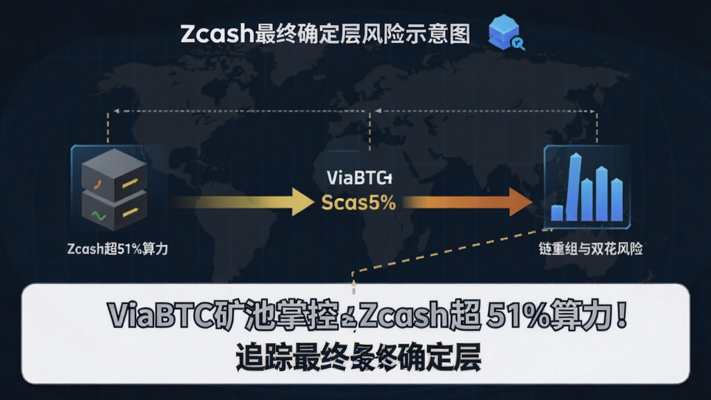 Zcash最终确定层风险示意图,ViaBTC矿池掌控Zcash超51%算力,算力集中引发的链重组与双花风险图解,标注“ViaBTC矿池掌控Zcash超51%算力!追踪最终确定层”字样
