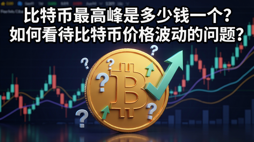 一个布满问号和上涨箭头的比特币3D图,背景有K线波动,醒目标题写“比特币最高峰是多少钱一个?如何看待比特币价格波动的问题?”,比特币最高峰是多少钱一个,概括整篇文章全部内容