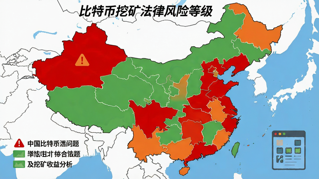 一张关于中国地图上比特币挖矿法律风险等级的示意插图,红色警示区与绿色讨论区对比,中国比特币合法性问题及挖矿收益分析