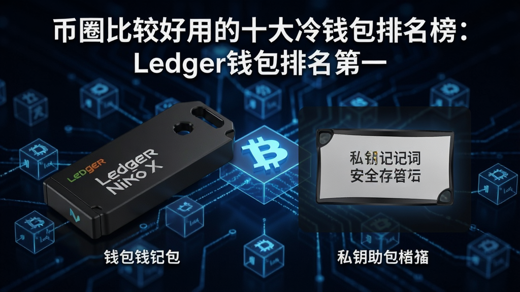 Ledger Nano X冷钱包实物图与私钥助记词安全存储示意图,文案标注“币圈比较好用的十大冷钱包排名榜:Ledger钱包排名第一”,背景为数字货币区块链元素,高清产品图
