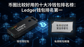 Ledger Nano X冷钱包实物图与私钥助记词安全存储示意图,文案标注“币圈比较好用的十大冷钱包排名榜:Ledger钱包排名第一”,背景为数字货币区块链元素,高清产品图