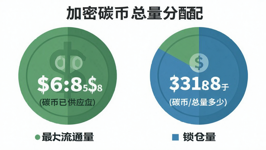 一张扁平化风格的加密碳币总量分配图表,图表清晰显示碳币最大供应量、已流通量和锁仓量比例,使用绿色和蓝色配色,关键数字用白色粗体“注明碳币总量多少”