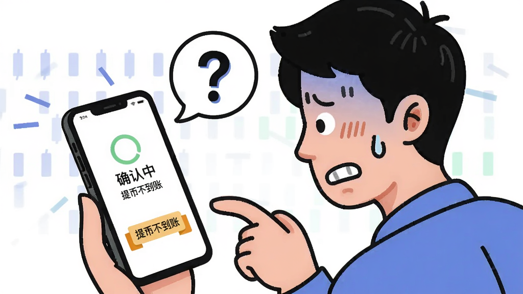 一张插画,一个焦急的用户盯着手机上的区块链提币界面,屏幕显示“确认中”,配合问号气泡,关键词“提币不到账”