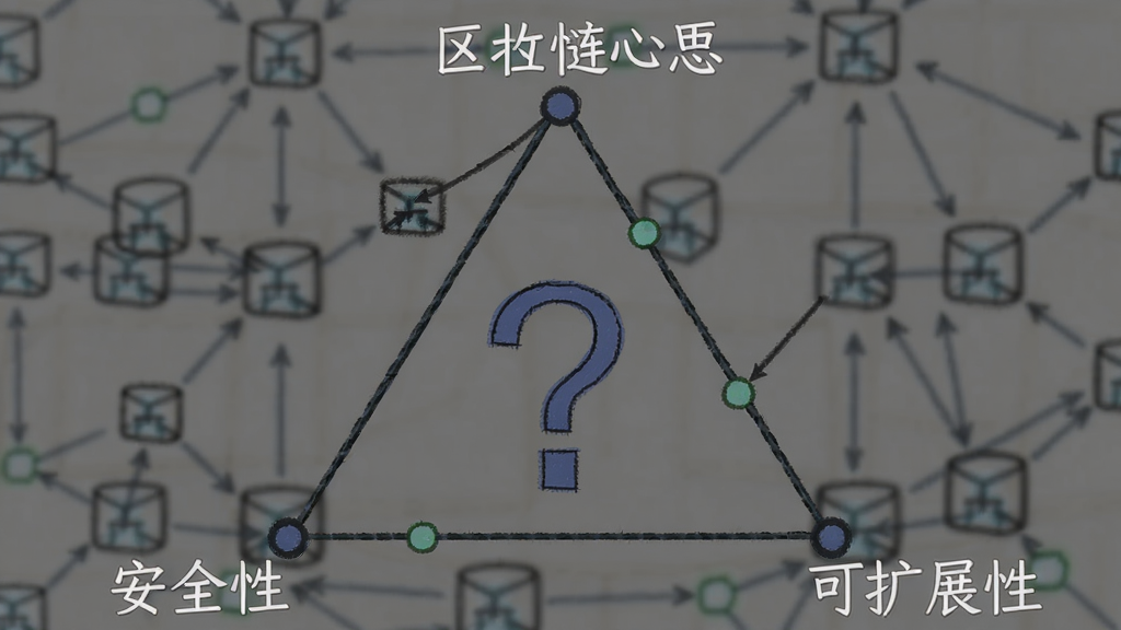 一张图显示三角形三个顶点分别是“安全性、去中心化、可扩展性”,三角形中间一个问号,区块链三元悖论是什么意思