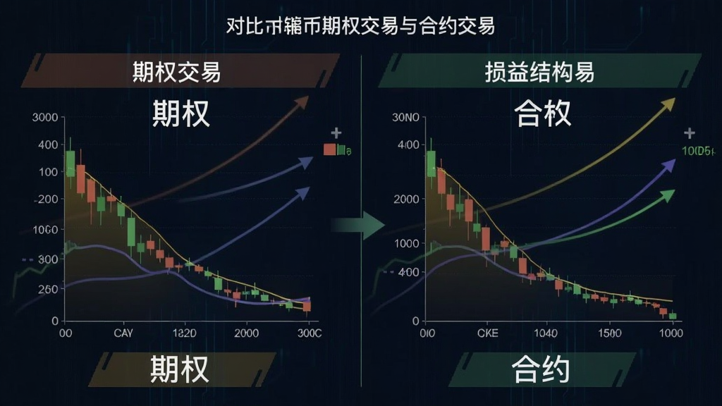 对比币圈期权交易与合约交易的杠杆机制和损益结构图,关键词:期权交易和合约交易区别介绍,图中文字用“期权”和“合约”标明