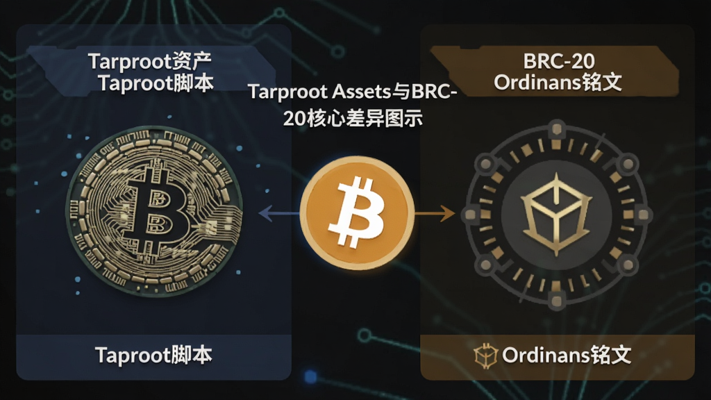 һ�ŶԱ�ʾ��ͼ������עTarproot�ʲ�����Taproot�ű����Ҳ��עBRC-20����Ordinals���ģ��м��ñ��ر�logo���ӣ�ע����Tarproot Assets��BRC-20���Ĳ���ͼʾ��