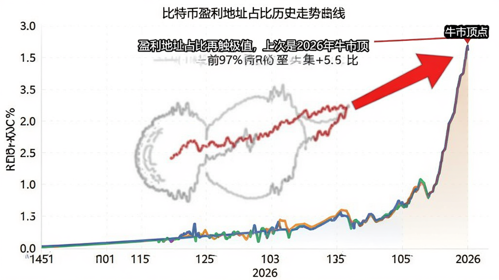 一张比特币盈利地址占比历史走势曲线图,标注当前97%的高位,旁边用红色箭头指向2026年牛市顶点对应的相似数值,图上注明“盈利地址占比再触极值,上次是2026年牛市顶”