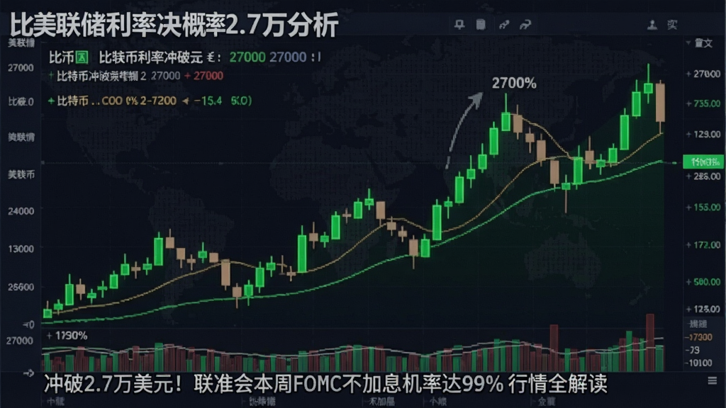 一张包含比特币突破27000美元大阳线与美联储利率决议概率的行情分析图,关键词:比特币冲破2.7万美元, “比特币冲破2.7万美元!联准会本周FOMC会议不加息机率达99%行情全解读”