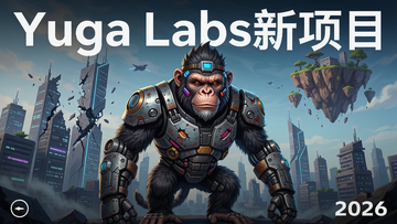 2026年Yuga Labs新项目概念海报,画面中央是一只身穿机械装甲的变异猿猴,背景是破碎的虚拟城市与漂浮的岛屿,文字标明“Yuga Labs新项目”