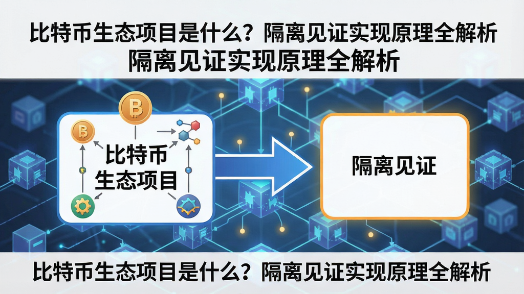 生成一张比特币生态项目与隔离见证原理科普图解,画面中央用箭头连接“比特币生态项目”与“隔离见证”两个模块,背景有区块链网络线条,配文“比特币生态项目是什么?隔离见证实现原理全解析”