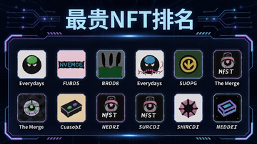 一张展示全球十二大最贵NFT排名榜单的信息图,包含“The Merge”“Everydays”等,风格炫酷科技感,文字“最贵NFT排名”,最贵NFT排名